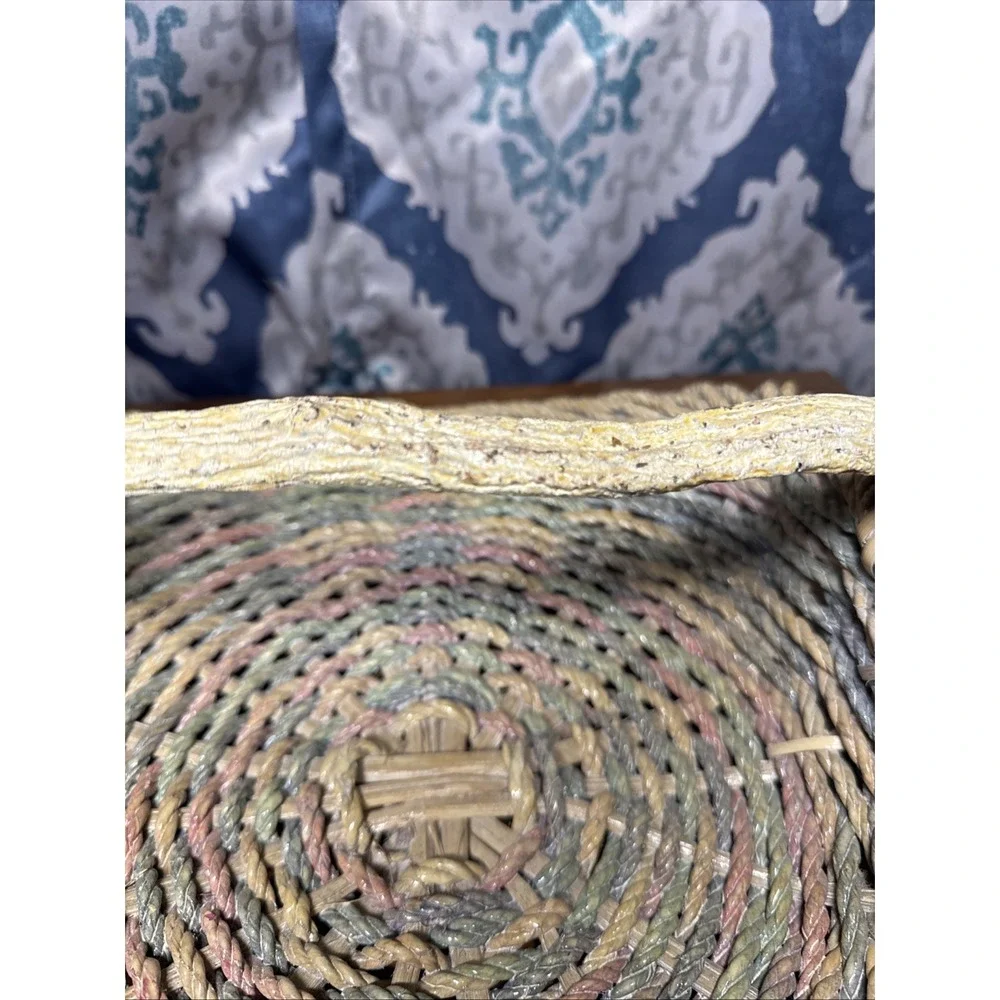 Vintage Rope Gathering Basket‎ Large Distressed Branch Handle Pastel Colors